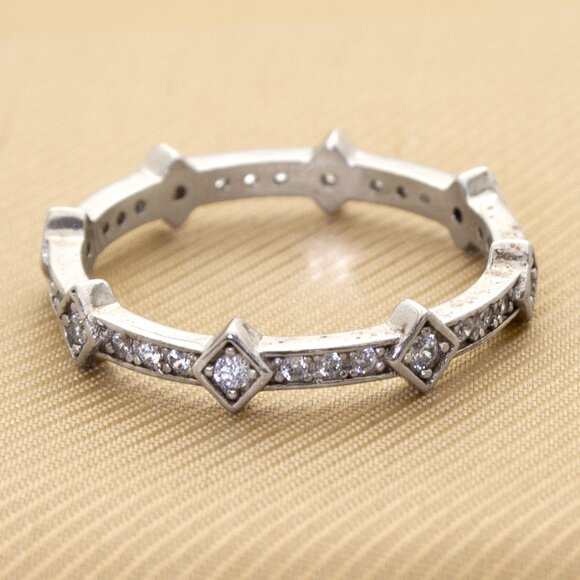 Vintage 925 Sterling Silver & CZ Stones Accent Geometric Band, Size 6.5 - Picture 4 of 8